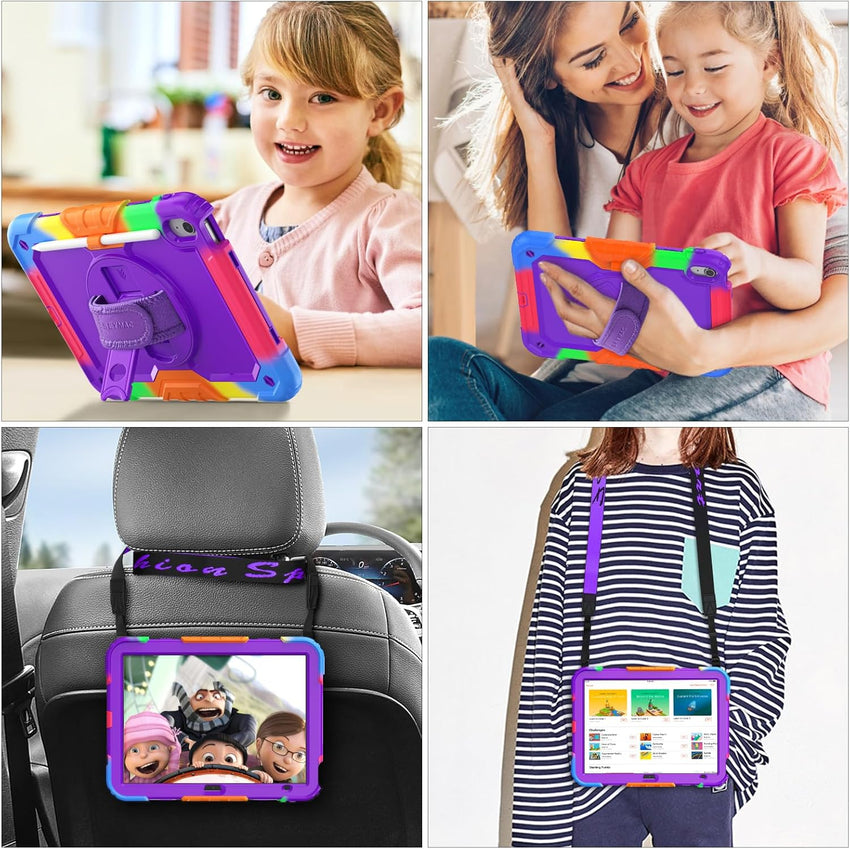 SEYMAC stock Case for iPad 10th Generation 10.9 Inch 2022, Full-Body Drop Protection with Screen Protector, Rotating Stand/Hand Strap & Pencil Holder for iPad 10 Case A2696/ A2757/ A2777, Camo+Purple
