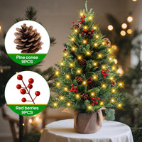 MaxEarn 60CM Mini Christmas Tree with 50 LED String Lights, DIY Artificial Christmas Tree with Star and Red Bowknots, Pine Cones and Red Berries Decoration for Xmas, Home, Kitchen, Dining Table Decor
