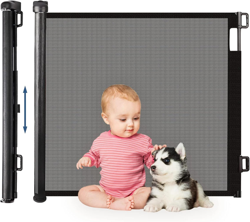 HollyHOME Retractable Stair Gate 180cm Extra Wide One Hand Operation Baby Gate Safety Gate for Baby and Pets Indoor & Outdoor, Black