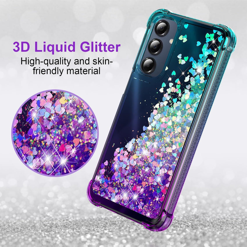 XRCS Compatible with for Samsung Galaxy A36 5G Case with Tempered Glass Screen Protector Glitter Bling Flowing Liquid Floating TPU Bumper Cushion Corners Protection Case - Purple