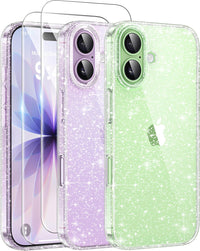 AROYI 3 in 1 Clear Glitter Case Compatible with iPhone 17 Case with 2 Tempered Glass Screen Protector, Soft Bumper Anti-Scratch Sparkle Bling Women Girls Phone Case for iPhone 17 6.3"