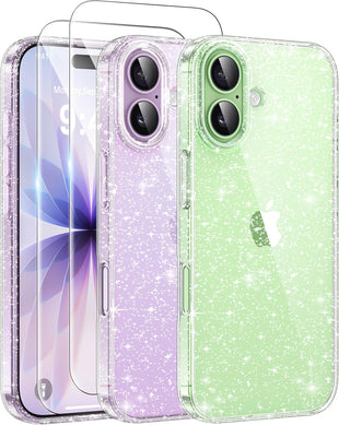 AROYI 3 in 1 Clear Glitter Case Compatible with iPhone 17 Case with 2 Tempered Glass Screen Protector, Soft Bumper Anti-Scratch Sparkle Bling Women Girls Phone Case for iPhone 17 6.3"