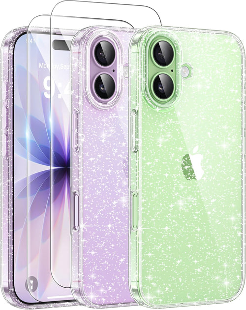 AROYI 3 in 1 Clear Glitter Case Compatible with iPhone 17 Case with 2 Tempered Glass Screen Protector, Soft Bumper Anti-Scratch Sparkle Bling Women Girls Phone Case for iPhone 17 6.3"