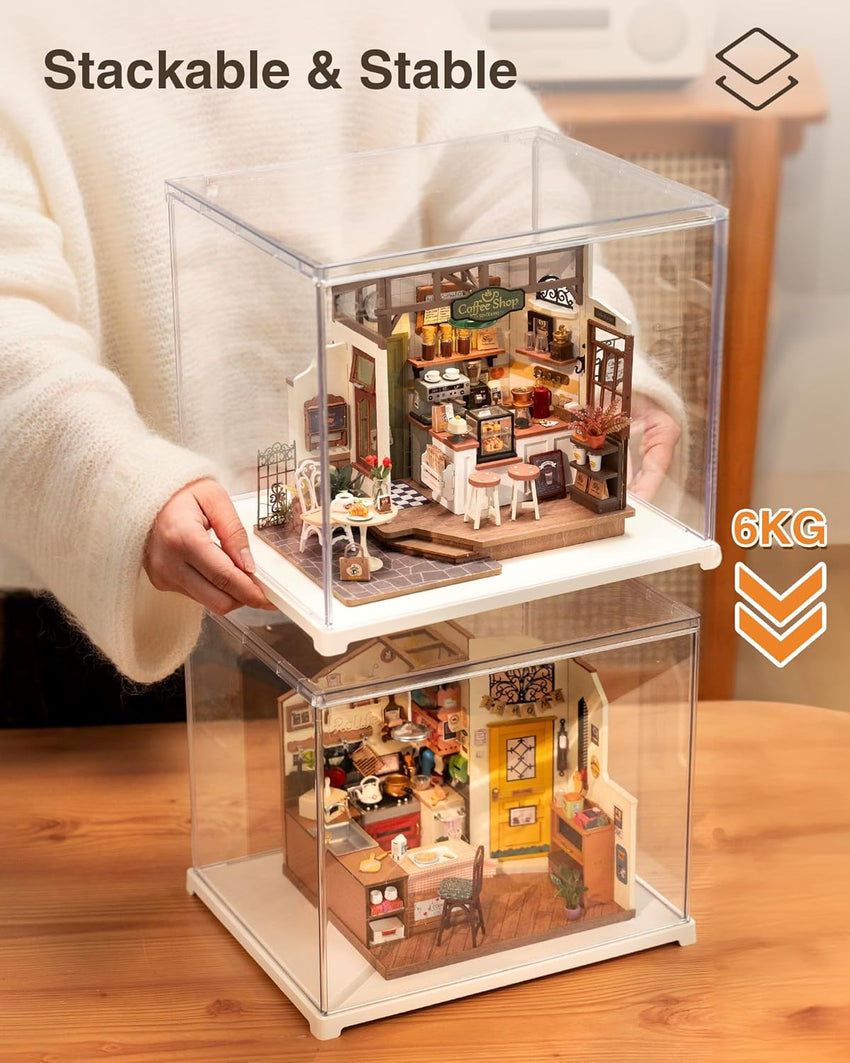 Rolife Acrylic Display Case 28.7 x 23.7 x 24.4 CM Dust Proof Clear Plastic Display Cabinet Cube Box Stackable for Minifigure Miniature House Model Kits Collectables Action Figures Storage DF03L