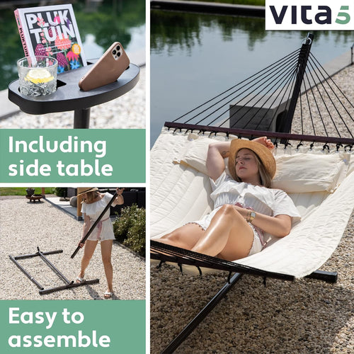 Vita5 Hammock with Stand and Sidetable â 2 Person Garden Hammocks with Cup Holder & Detachable Pillow - Heavy Duty 200kg Capacity, Indoor & Outdoor Hammock: Patio, Pool, Backyard - Beige