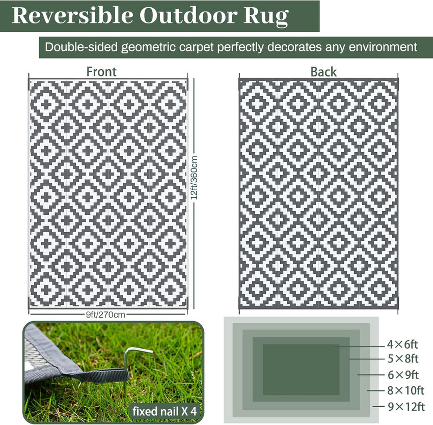 Reversible Geometric Outdoor Rug Waterproof Anti-slip UV Resistant Easy Clean â 270x360cm Grey/White