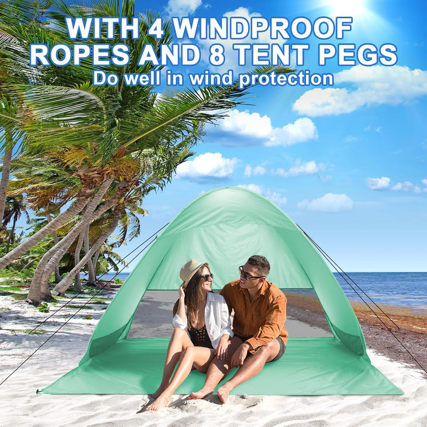 NHOWIN Pop Up Beach Tent for 2-3 Persons, 2025 Upgraded Windproof Pop Up Tent with 4 Wind Ropes & 8 Nails, 50+ UV Sun Protection Beach Shelter Portable & Easy Set Up Sun Shade for Park Garden Picnic
