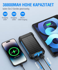 Solar Power Bank 38800 mAh Solar Charger Portable with USB C Input, Torch, Outdoor Waterproof External Battery, Quick Charge, Power Bank Solar Cell for Samsung, iPhone, Huawei and More