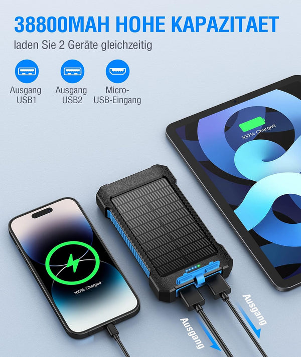 Solar Power Bank 38800 mAh Solar Charger Portable with USB C Input, Torch, Outdoor Waterproof External Battery, Quick Charge, Power Bank Solar Cell for Samsung, iPhone, Huawei and More