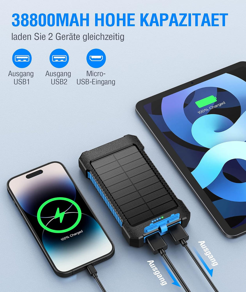 Solar Power Bank 38800 mAh Solar Charger Portable with USB C Input, Torch, Outdoor Waterproof External Battery, Quick Charge, Power Bank Solar Cell for Samsung, iPhone, Huawei and More