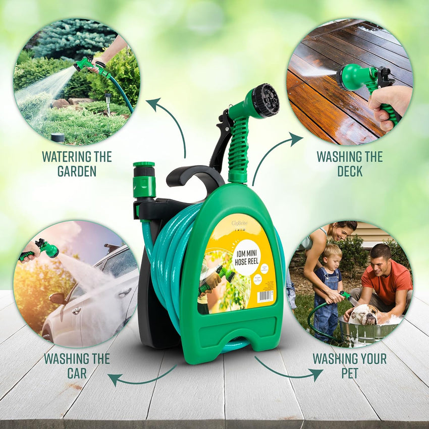 GloBrite Mini Hose Reel with 10m / 32ft Garden Hose Pipe Spray Gun & Adjustable Nozzle, Wall Mountable, Compact and Portable for Small Garden, Balconies, Watering for Pots and Outdoor Cleaning