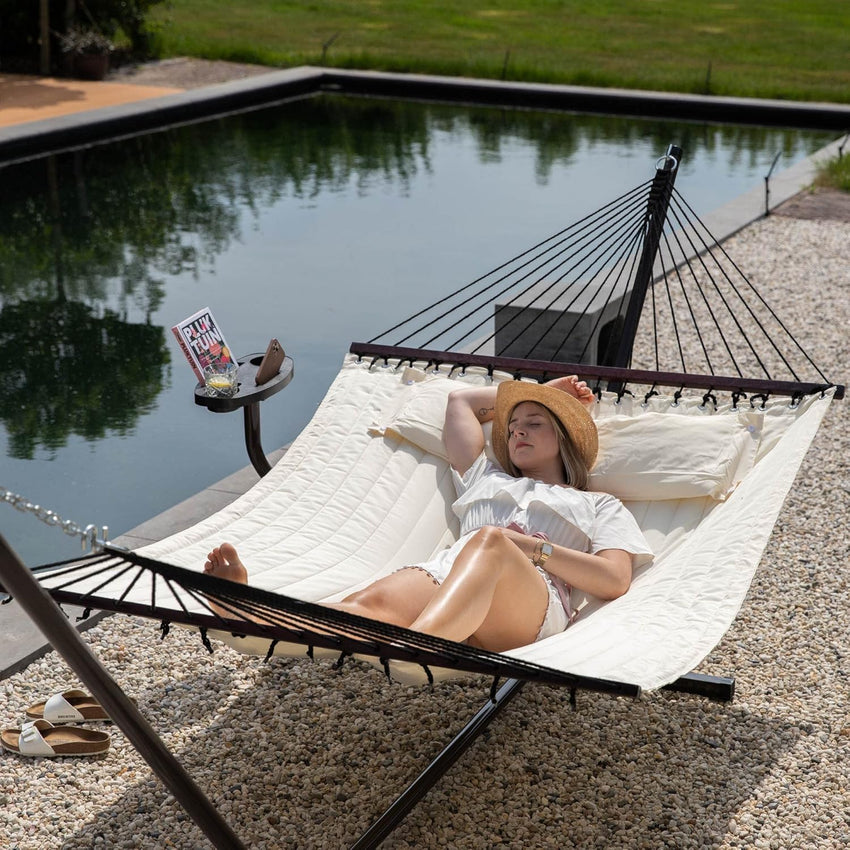 Vita5 Hammock with Stand and Sidetable â 2 Person Garden Hammocks with Cup Holder & Detachable Pillow - Heavy Duty 200kg Capacity, Indoor & Outdoor Hammock: Patio, Pool, Backyard - Beige