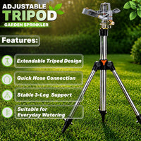 Pulsating Lawn Sprinkler Tripod 450mÂ² Coverage Adjustable Spray - 90cm