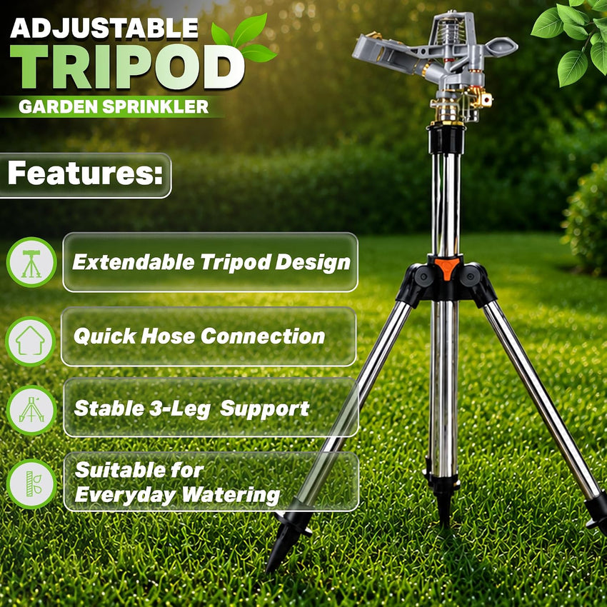 Pulsating Lawn Sprinkler Tripod 450mÂ² Coverage Adjustable Spray - 90cm