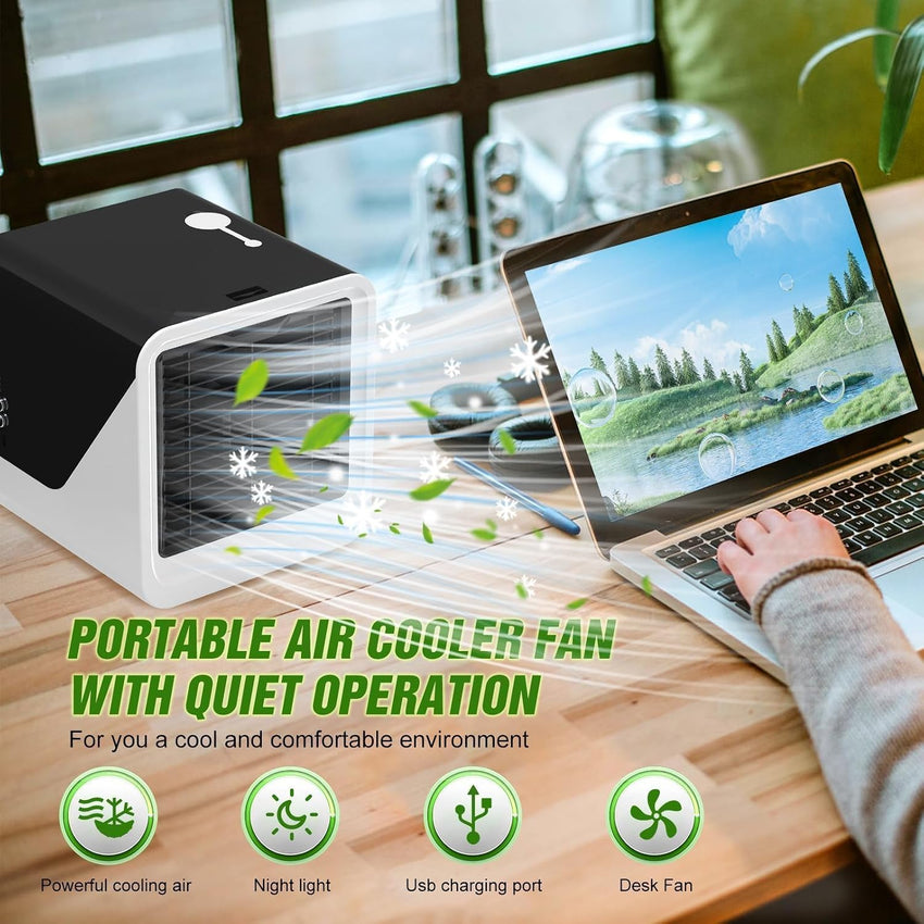 Portable Evaporative Air Cooler Fan 3 Speeds Replaceable Filter Humidifier 7-LED