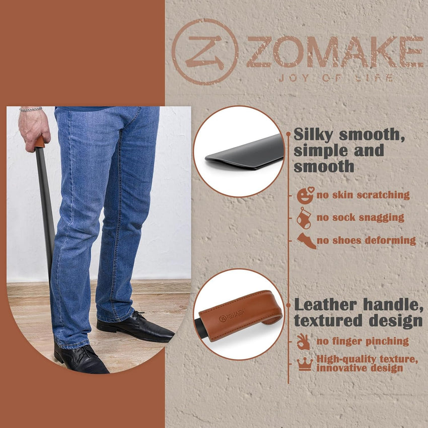 ZOMAKE Extra Long Metal Shoe Horn - 28.5 Inches Large Shoehorn Long Handled with Leather Handle,Lazy Shoes Helper for Men Women the Elderly,no Need to Bend Down to Put on Shoes