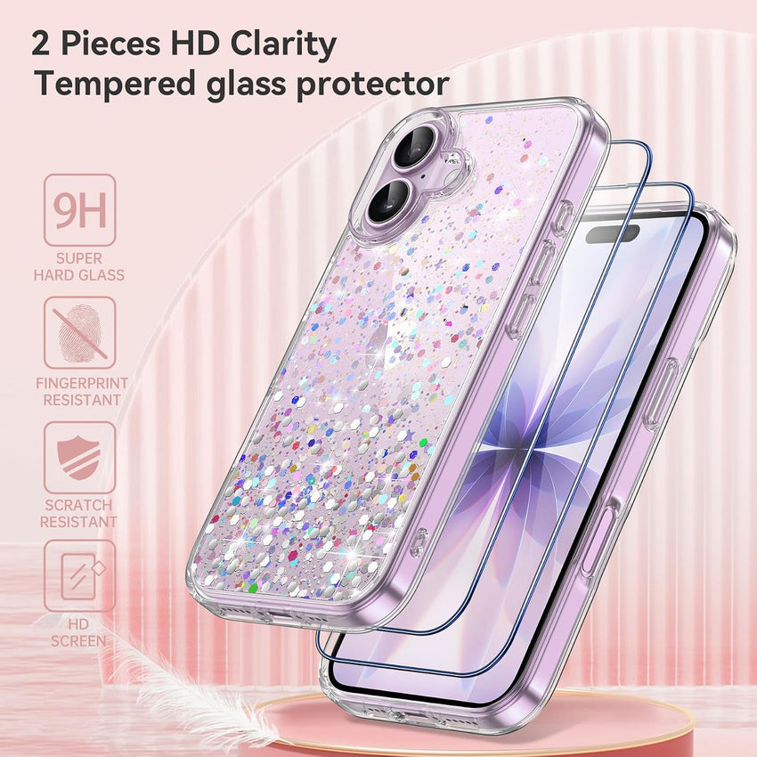 ivencase Clear Glitter Case Compatible with iPhone 17 Case with 2 Tempered Glass Screen Protector, Non-Yellowing [Shockproof] [Anti-Scratch] Slim Sparkly Bling Star Transparent Cover for iPhone 17