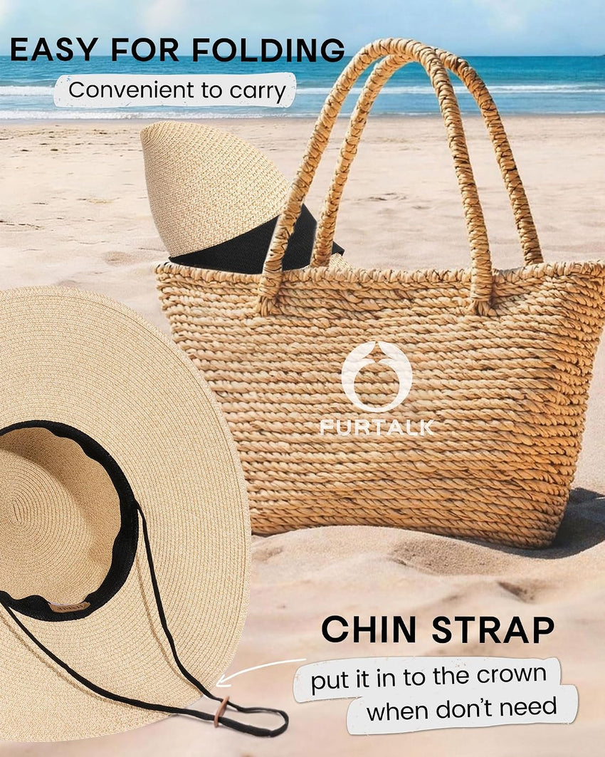 FURTALK Womens Sun Straw Wide Brim UPF 50 Summer Foldable Roll up Floppy Beach Hat for Women Khaki