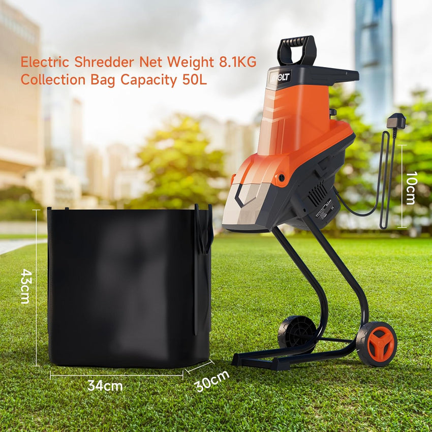 USED AIVOLT 2500W Garden Shredder, Electric Wood Chipper, Crush up to 45mm, 3600rpm Speed, 10m Power Cable, Reversible Steel Blades with Detachable 50L Collection Bag for Garden Debris, Leaves and Branches
