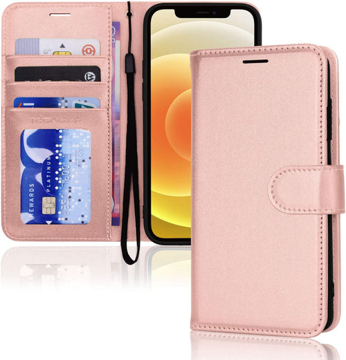 TECHGEAR iPhone 12 Pro Leather Wallet Case, Flip Protective Case Cover with Wallet Card Holder, Stand & Wrist Strap - Rose Gold PU Leather with Magnetic Closure for iPhone 12/12 Pro 6.1"