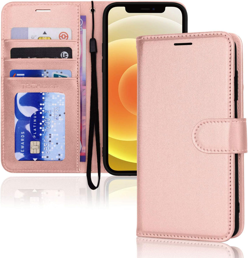 TECHGEAR iPhone 12 Pro Leather Wallet Case, Flip Protective Case Cover with Wallet Card Holder, Stand & Wrist Strap - Rose Gold PU Leather with Magnetic Closure for iPhone 12/12 Pro 6.1"