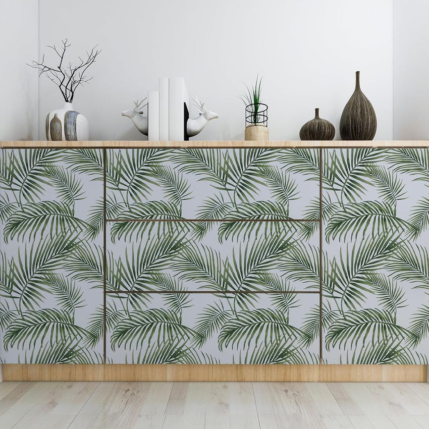Hode Self Adhesive Wallpaper Green Leaf, Patterned Sticky Back Plastic Roll, Bathroom Kitchen Cupboard Worktop Vinyl Wrap for Furniture Table 90cmx6m