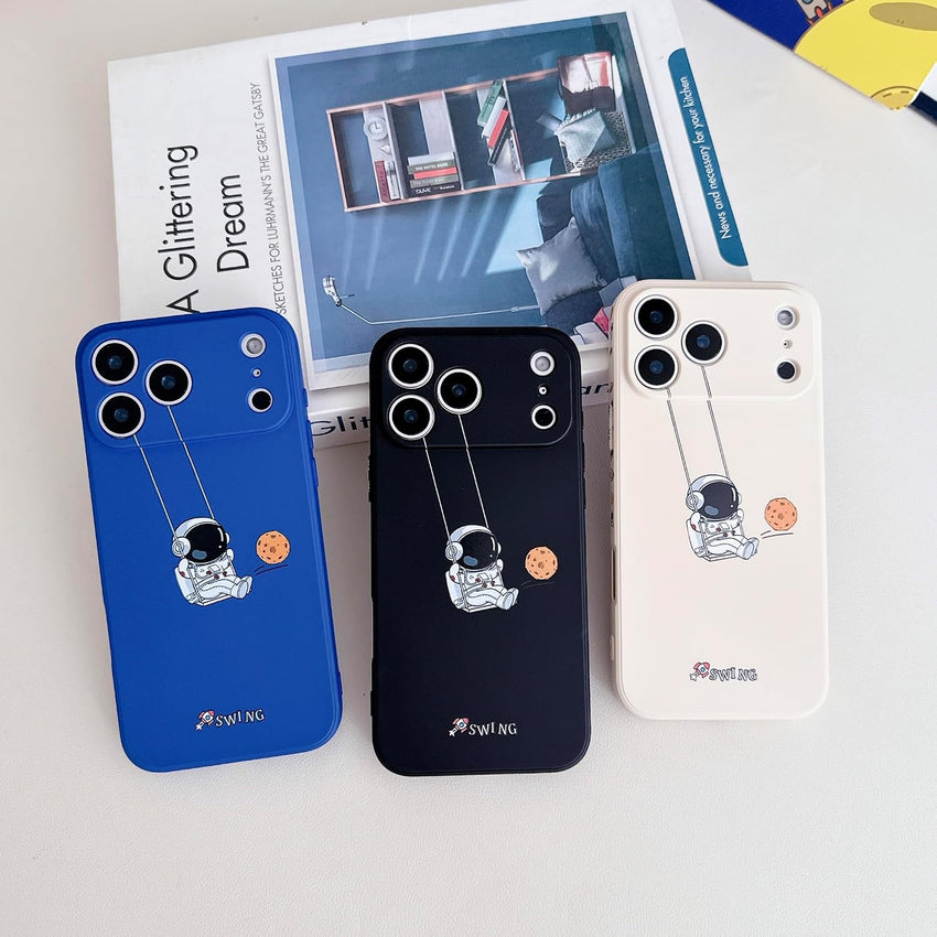 Yonds Queen for iPhone 17 Pro Max Cute Case, Cool Cartoon Swing Astronaut Planet Moon Design Stylish TPU Bumper Shockproof Anti-Slip Protector Fashion Case (Black Planet, iPhone 17 Pro Max)