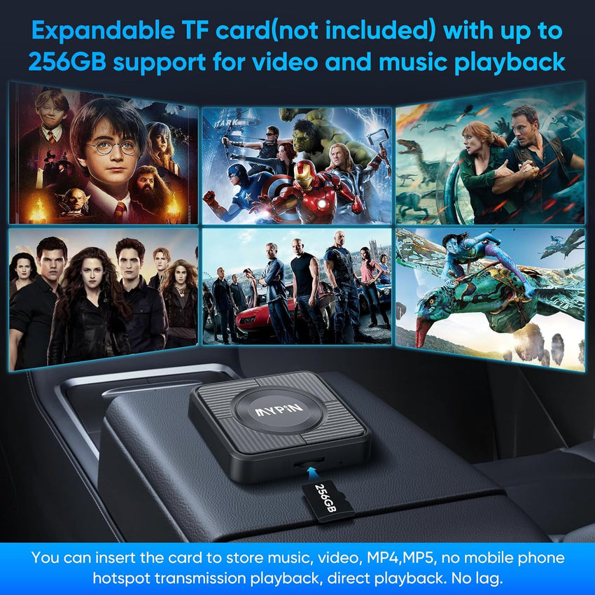 MYPIN Wireless CarPlay Adapter, Android Auto Wireless Adapter, Plug & Play Video Adapter, Built-in Netflix YouTube, Support TF Card, Cable USB A/C, Compatible with iOS 10+/Android 11+