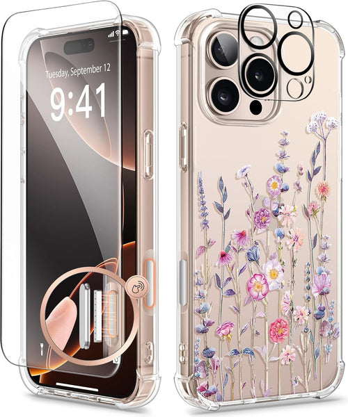 GVIEWIN Compatible with iPhone 16 Pro Max Case,[Camera Control Button] with Screen&Camera Lens Protectors Clear Shockproof Drop Protection Anti-scratch Floral Cover for Women Girl,Floratopia/Colorful