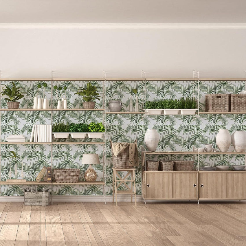 Hode Self Adhesive Wallpaper Green Leaf, Patterned Sticky Back Plastic Roll, Bathroom Kitchen Cupboard Worktop Vinyl Wrap for Furniture Table 90cmx6m