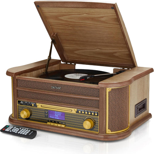 Denver 9-in-1 Retro Vintage DAB Bluetooth Wooden Radio Record Player With Speakers - DAB+ Radio, FM, Record Player, Cassette & CD Player, AUX IN, MP3 USB Recording, AUX IN And Line Out - MRD-51BT