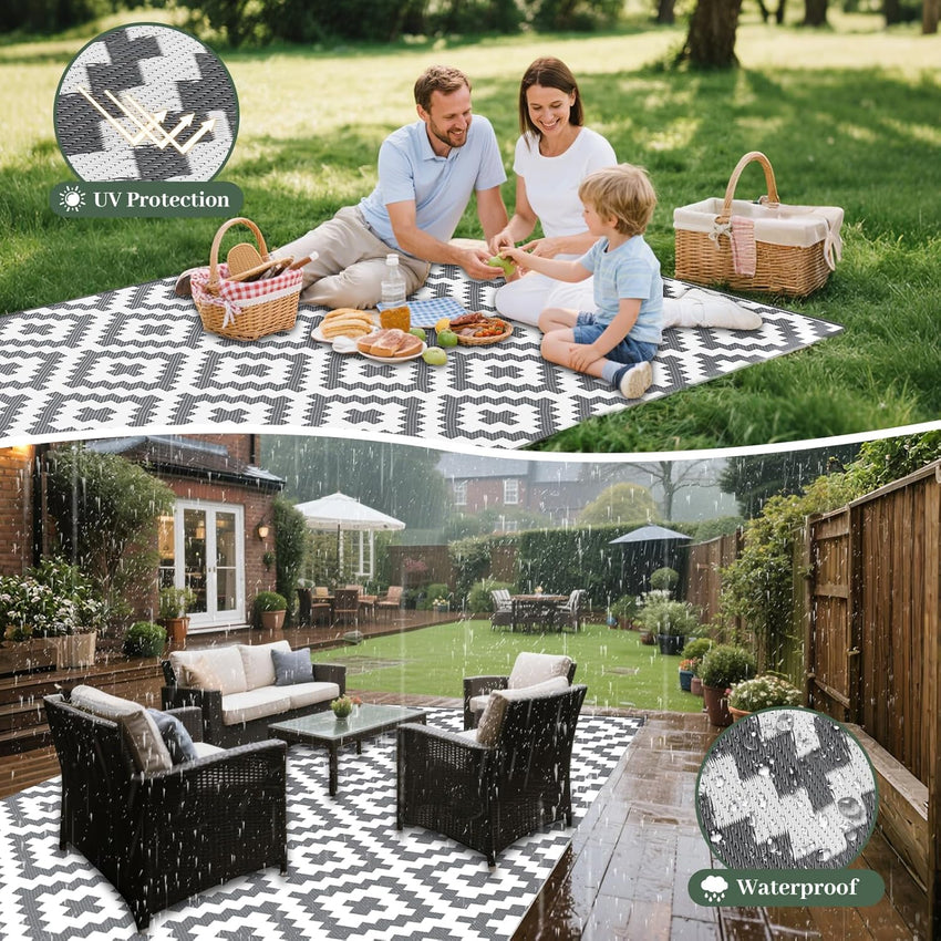 Reversible Geometric Outdoor Rug Waterproof Anti-slip UV Resistant Easy Clean â 270x360cm Grey/White