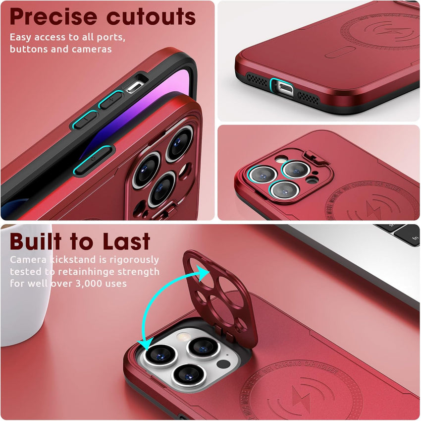 abitku Magnetic Case for iPhone 15 Pro Max, with Camera Protector Kickstand Cover (Compatible with MagSafe & Car Holder), with Screen Protection Shockproof Phone Case for Men Women (Red)