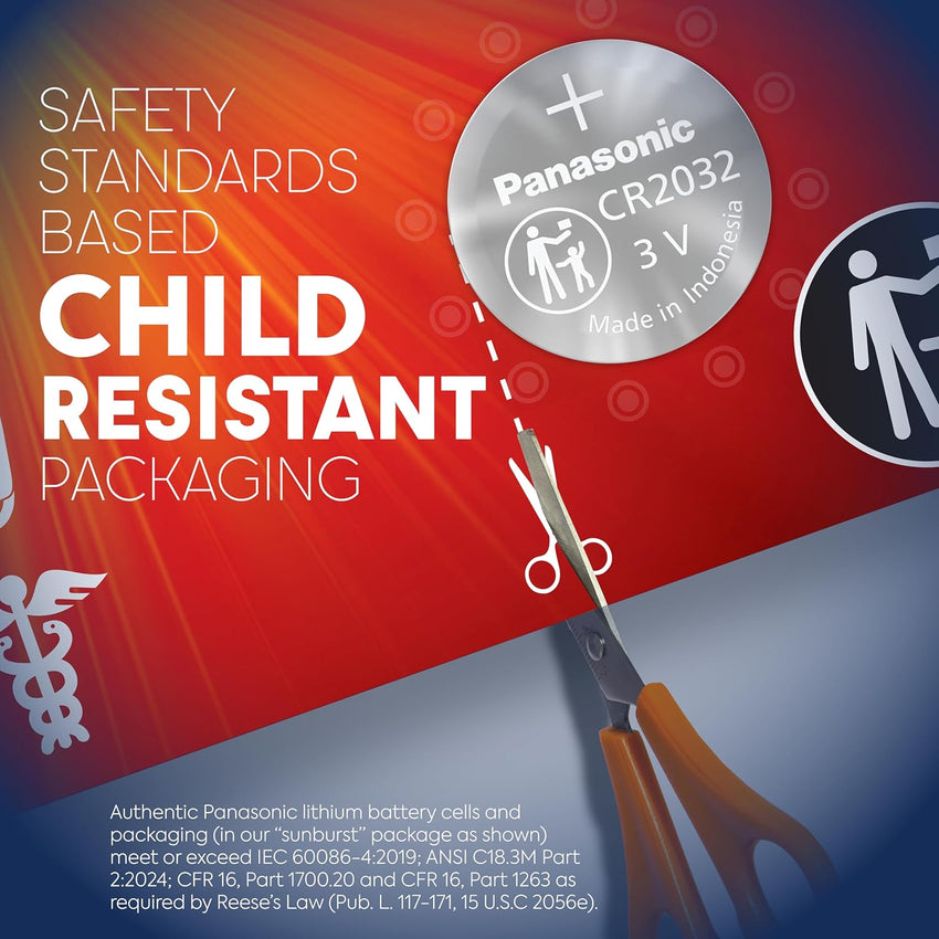 Panasonic CR2032 3.0 Volt Long Lasting Lithium Coin Cell Batteries in Child Resistant, Standards Based Packaging, 2-Battery Pack