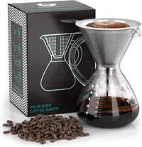 Coffee Gator Pour Over Coffee Maker Stainless Steel Filter & Glass Dripper - Paperless Hand-Drip Brewer - Eco Friendly - Kitchen & Housewarming Gifts - 800ml