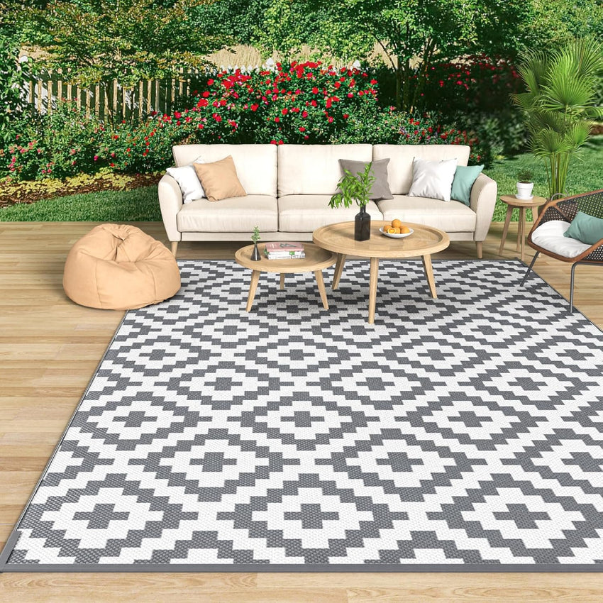 Reversible Geometric Outdoor Rug Waterproof Anti-slip UV Resistant Easy Clean â 270x360cm Grey/White
