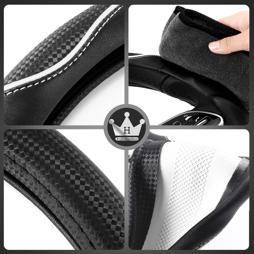 Steering Wheel Cover 39-41cm Anti-Slip Faux Leather Carbon Fibre Massage Grip â White