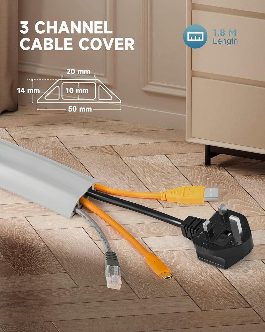 CREWORKS 1.8 m Floor Cord Cover, 3 Channel Cable Cover with Self-Adhesive Baking, Extension Cord Cable Protector, Flexible PVC Duct Wire Cable Management for Homes Offices Garages, Grey