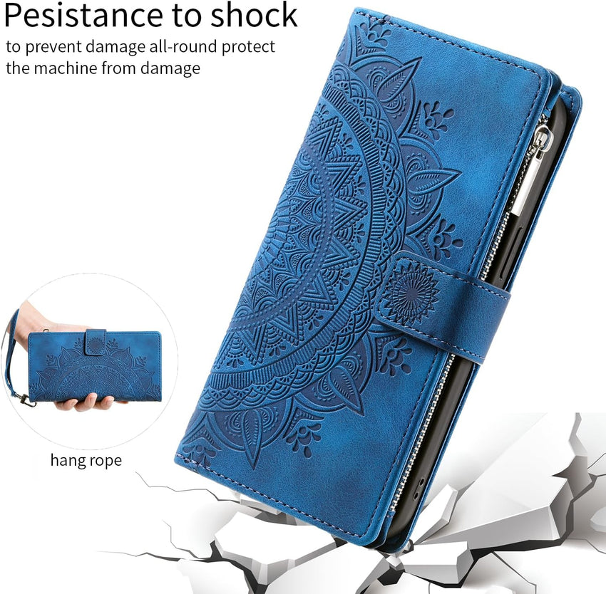 Asuwish Phone Case for OPPO A57 4G/A57S/A57E/A77 4G Wallet Cover With Tempered Glass Screen Protector and Wrist Strap Mandala Flower Leather Flip Zipper Credit Card Holder Stand Cell Women Blue