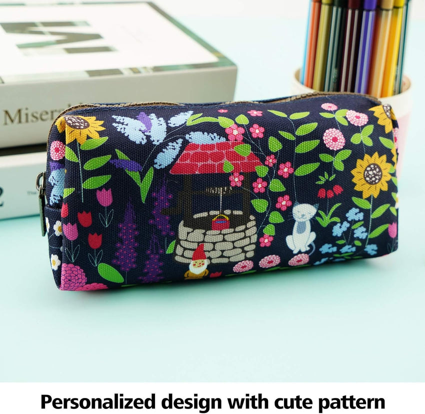 LParkin Cute Garden Gnome Canvas Pencil Case Pen Bag Pouch Gadget Box Stationary Case Makeup Cosmetic Bag