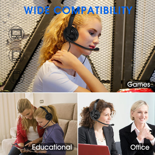 USB Headset with Microphone for PC Laptop, Adjustable Noise Cancelling Business Office Headsets, 2.5M Length Headphones with In-Line Control