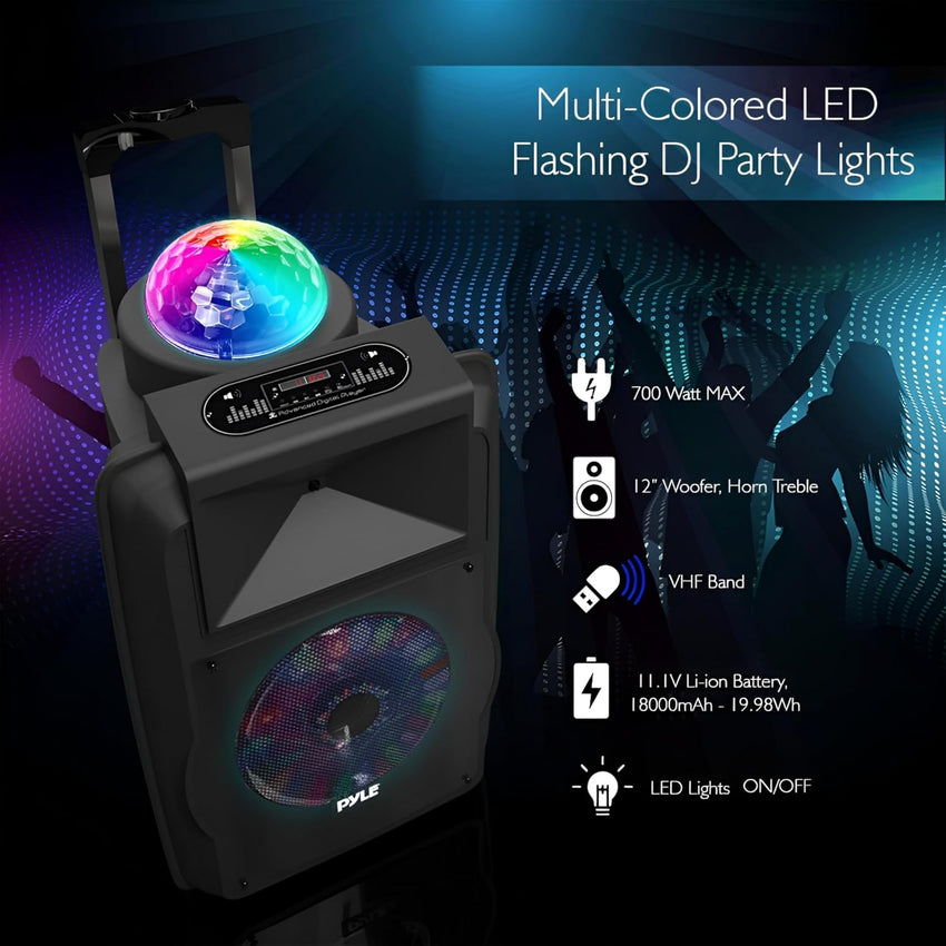 Pyle Portable PA System 30cm, 700W Bluetooth Party Speaker, Rechargeable DJ Sound System with Disco LED Lights, Wireless Microphone, USB/SD/Radio, Recording Mode, Battery Powered Speaker