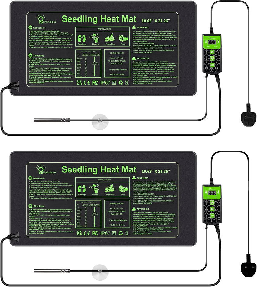 Hyindoor Heat Mat for Plants,Waterproof Seedling Heat Mat with Thermostat 10.63â*21.26â Germination Heated Propagator Warming Mat for Indoor Gardening Greenhouse(2 Pack)