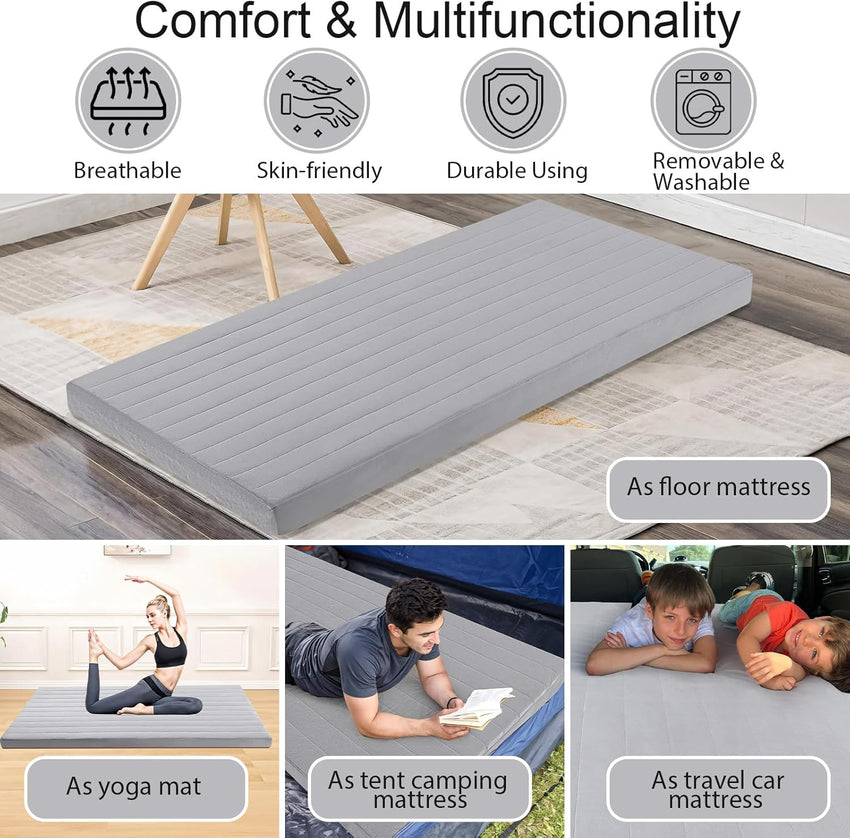 MeMoreCool Roll Up Floor Mattress Double, Portable Futon Mattress, High Density Foam Foldable Mattress with Travel Bag, Floor Lounger Sleep Mat Guest Bed Mattress for Travel, Car Tent, Gray