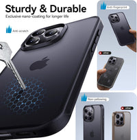 CASEKOO Air-Touch Slim Silky-Smooth Case for iPhone 16 Pro [16FT Military-Grade All-Round Protection] Shockproof Semi-Transparent Matte Cover with 1x Portable Foldable Stand – Black