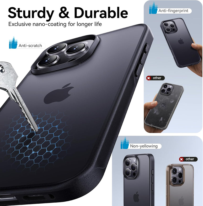 CASEKOO Air-Touch Slim Silky-Smooth Case for iPhone 16 Pro [16FT Military-Grade All-Round Protection] Shockproof Semi-Transparent Matte Cover with 1x Portable Foldable Stand – Black
