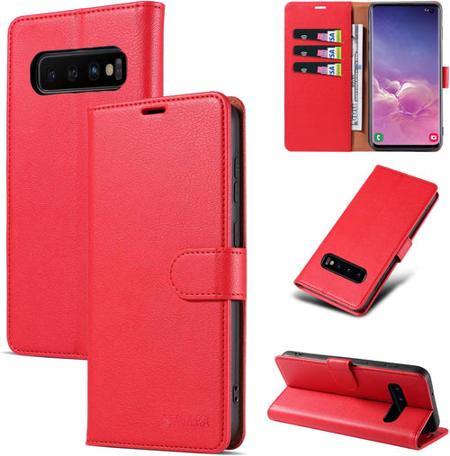 STAWLKA Case for Samsung Galaxy S10, Premium PU Leather Flip Magnetic Buckle Wallet Case Kickstand Blocking RFID Shockproof Protective Phone Cover for Samsung Galaxy S10 - Red
