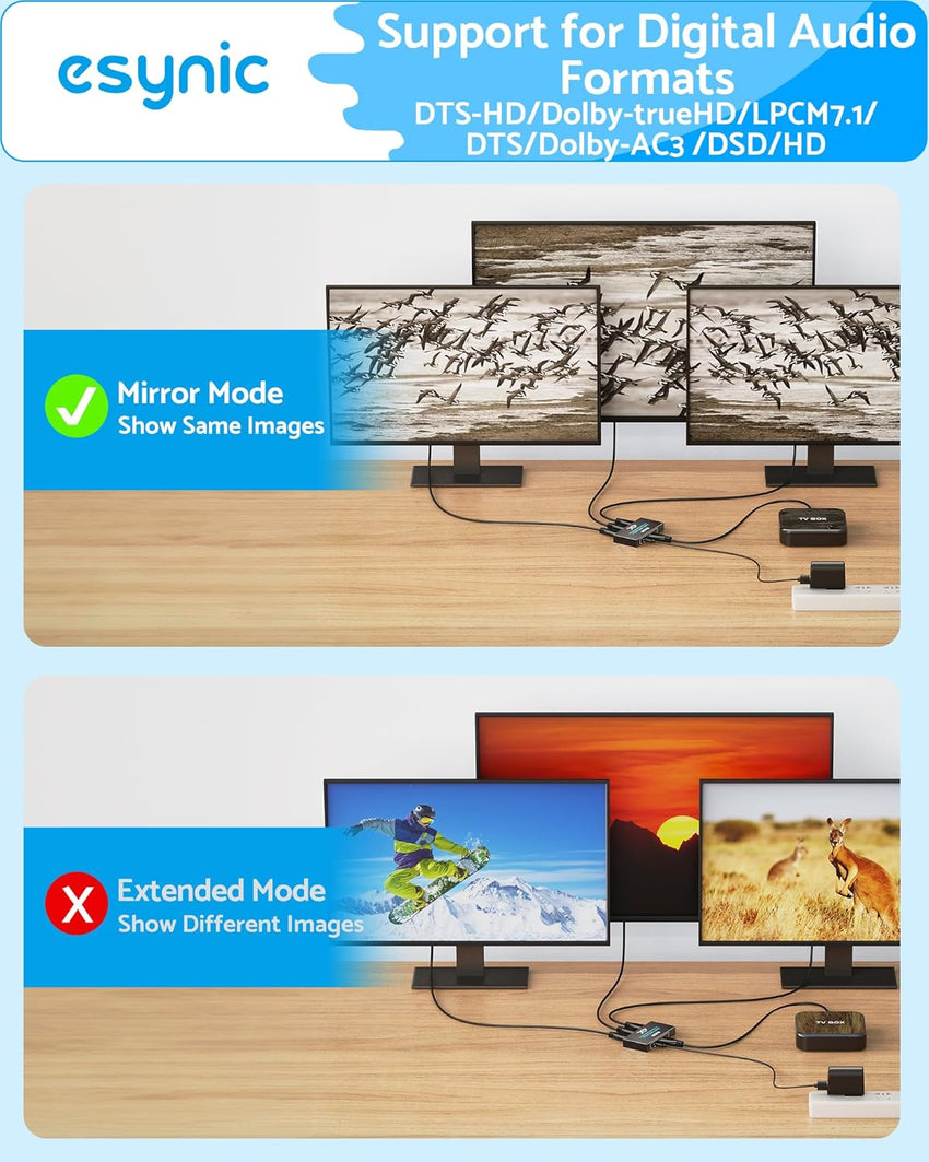 eSynic Professional HDMI Splitter 4K@30HZ 1In 3Out Metal Shell 3 Way HDMI Splitter HDCP 1.4 Hdcp Bypass Splitter Stable Signal Transmission Supports Dolby PCM for Lap-top HDTV PS4 Blu-ray etc