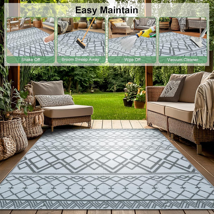 Xfrog Large Outdoor Patio Rugs for Garden Waterproof Indoor & Outdoor Recycled Plastic Carpet Area Rugs for Porch, Deck, Balcony, Garden, Picnic, Kitchen, Hallway Moroccan Grey & White 120 x 180 cm