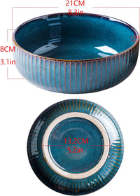 Large Salad Bowl, 1800ml Large Bowl Porcelain Fruit Serving Bowls, Stylish Blue Bowl Handmade Round Soup Bowl,Bowl for Soup,Salad,Cereal,Ramen(21cm/63oz)